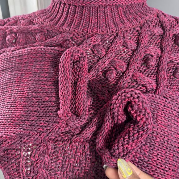 VTG Gina Peters Burgundy Cable Knit Roll Neck Bobble Sweater (Size M) - Picture 8 of 13
